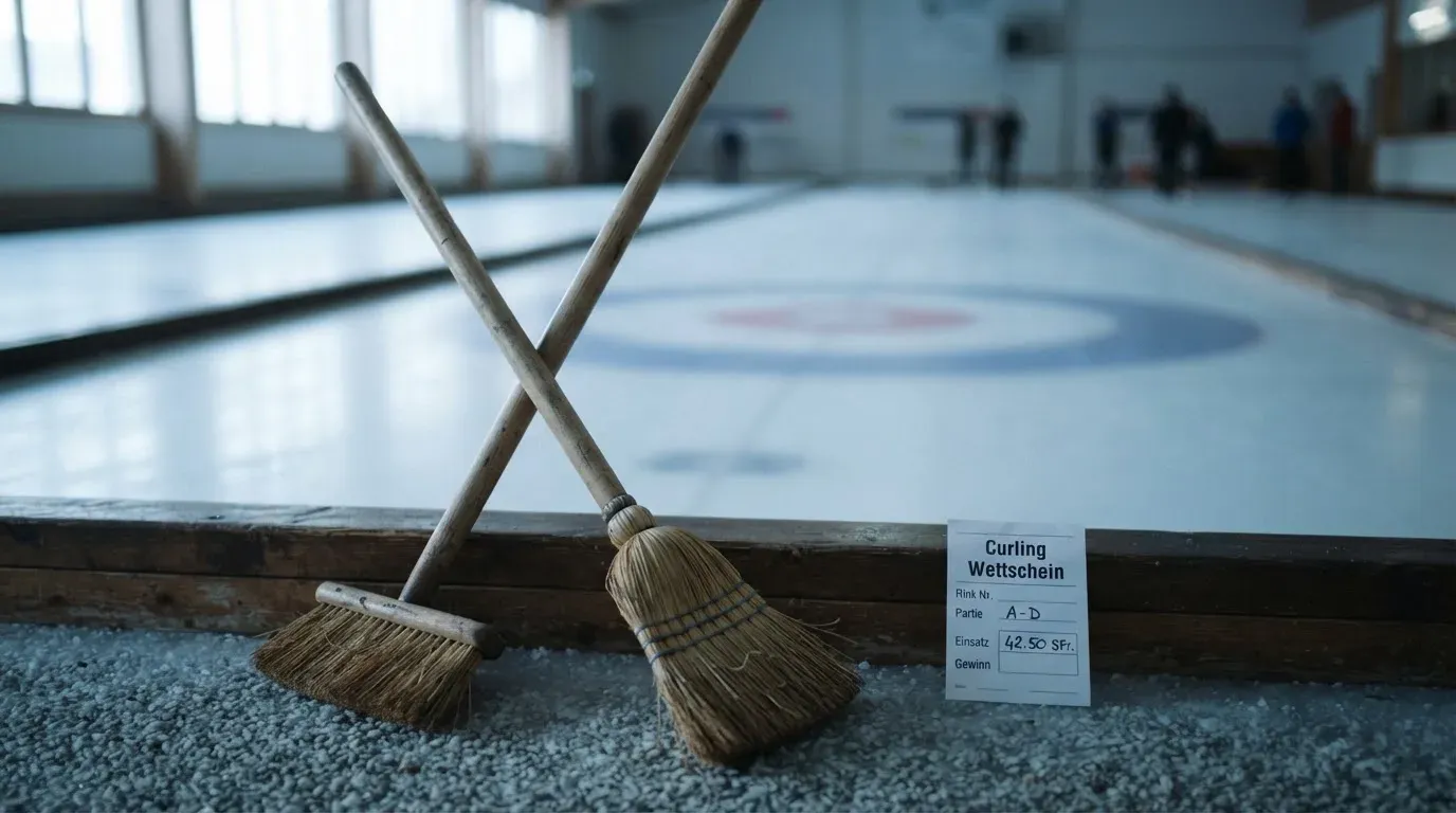 Zwei Curlingbesen lehnen an einer Bande am Rand einer leeren Eisfläche, kaltes Licht fällt durch hohe Fenster