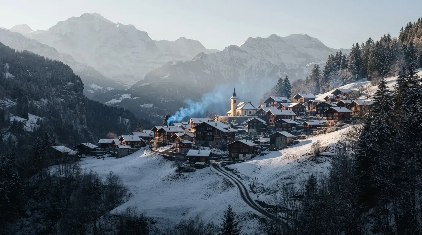Ein Bergdorf im Schnee am Morgen aus der Ferne gesehen, aus einem Kamin steigt Rauch auf