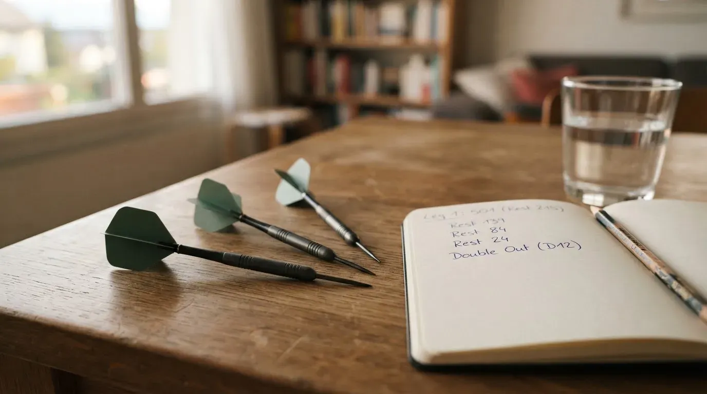 Drei Dartpfeile liegen auf einer Holzfläche neben einem Notizblock mit handschriftlichen Zahlen und einem Glas Wasser