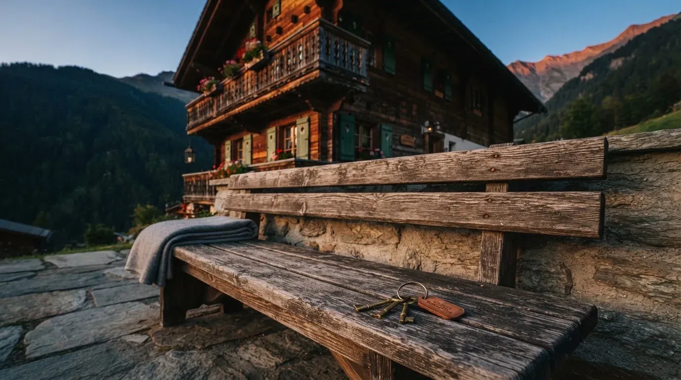 Eine Holzbank steht vor einem Chalet im Abendlicht, ein Schlüsselbund liegt darauf