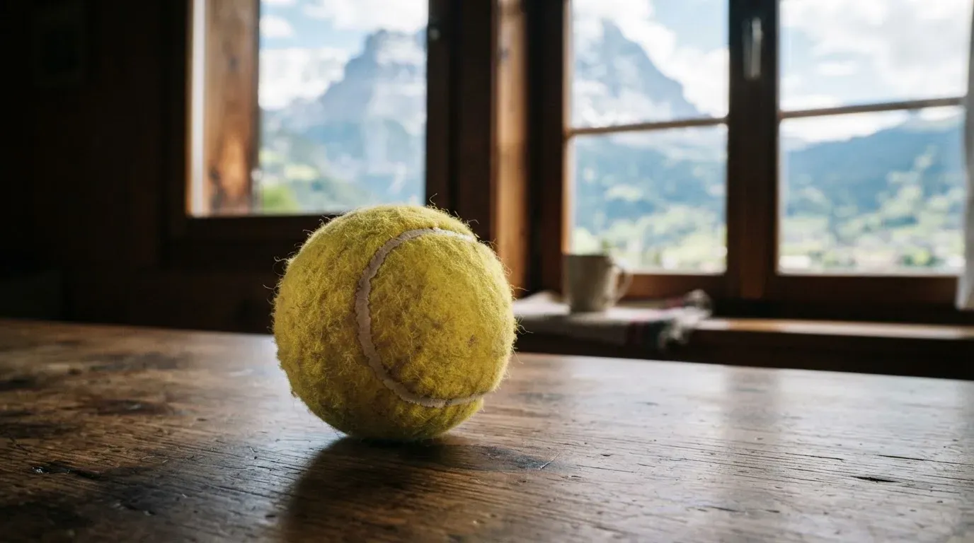 Ein einzelner gelber Tennisball liegt auf einem Holztisch vor einem Fenster mit Alpenblick