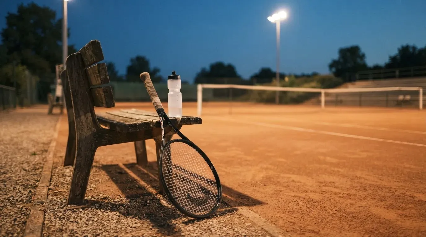 Ein Tennisschläger lehnt an einer Bank neben einer Wasserflasche, am Abend ruht der Platz im Flutlicht, aus der Ferne gesehen