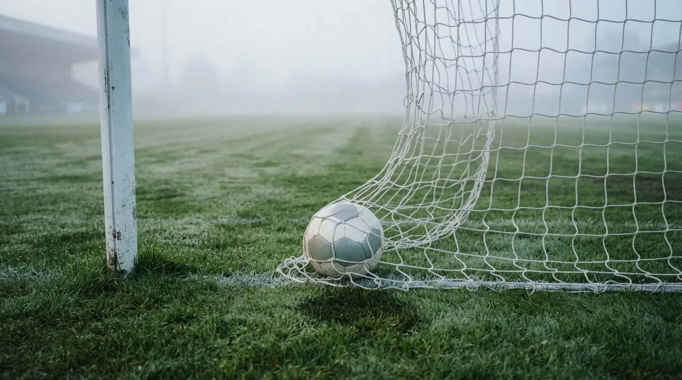 Ein Fussball liegt im Netz hinter einem Tor, weicher Morgennebel hängt über dem Rasen