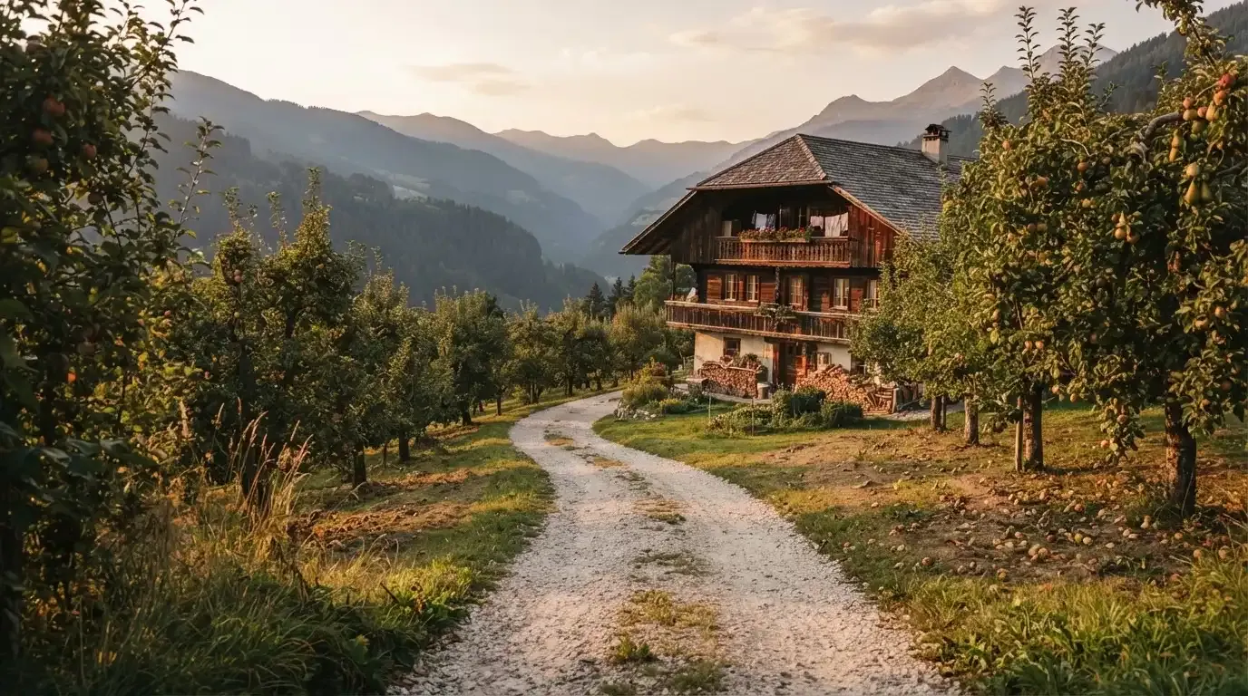 Ein Kiesweg führt durch einen Obstgarten zu einem Bauernhaus mit Holzbalkon, über dem Tal liegt Abendlicht
