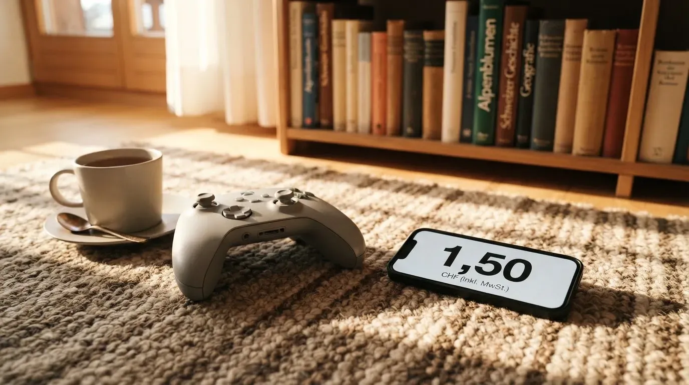 Ein Spielcontroller liegt auf einem Teppich neben einer Tasse, im Hintergrund ein Regal mit Büchern