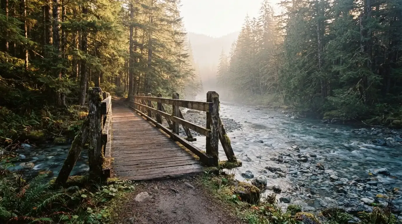 Eine alte Holzbrücke führt über einen Bergbach im Morgenlicht, Tannen säumen das Ufer