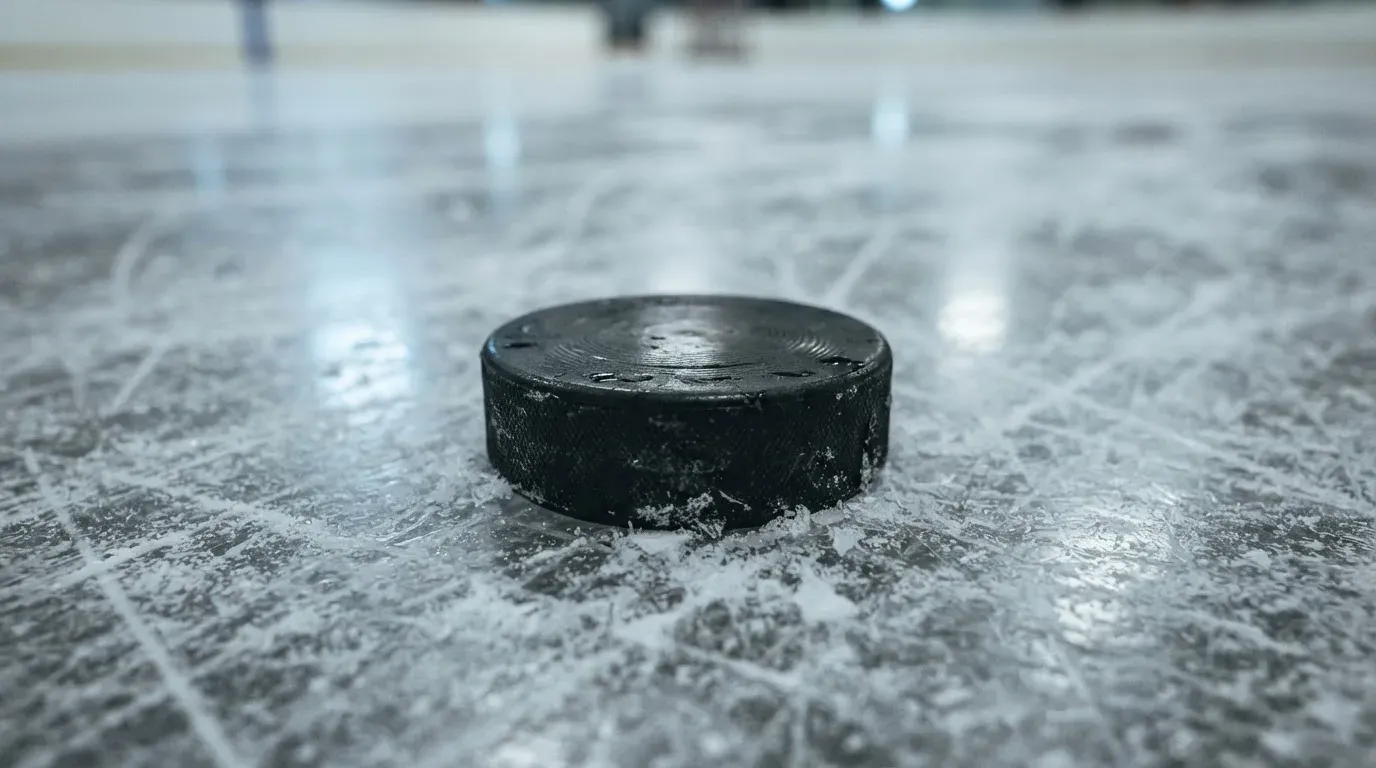 Ein Eishockeypuck liegt auf einer Eisfläche mit Kratzspuren, Nahaufnahme mit kühlen Reflexen