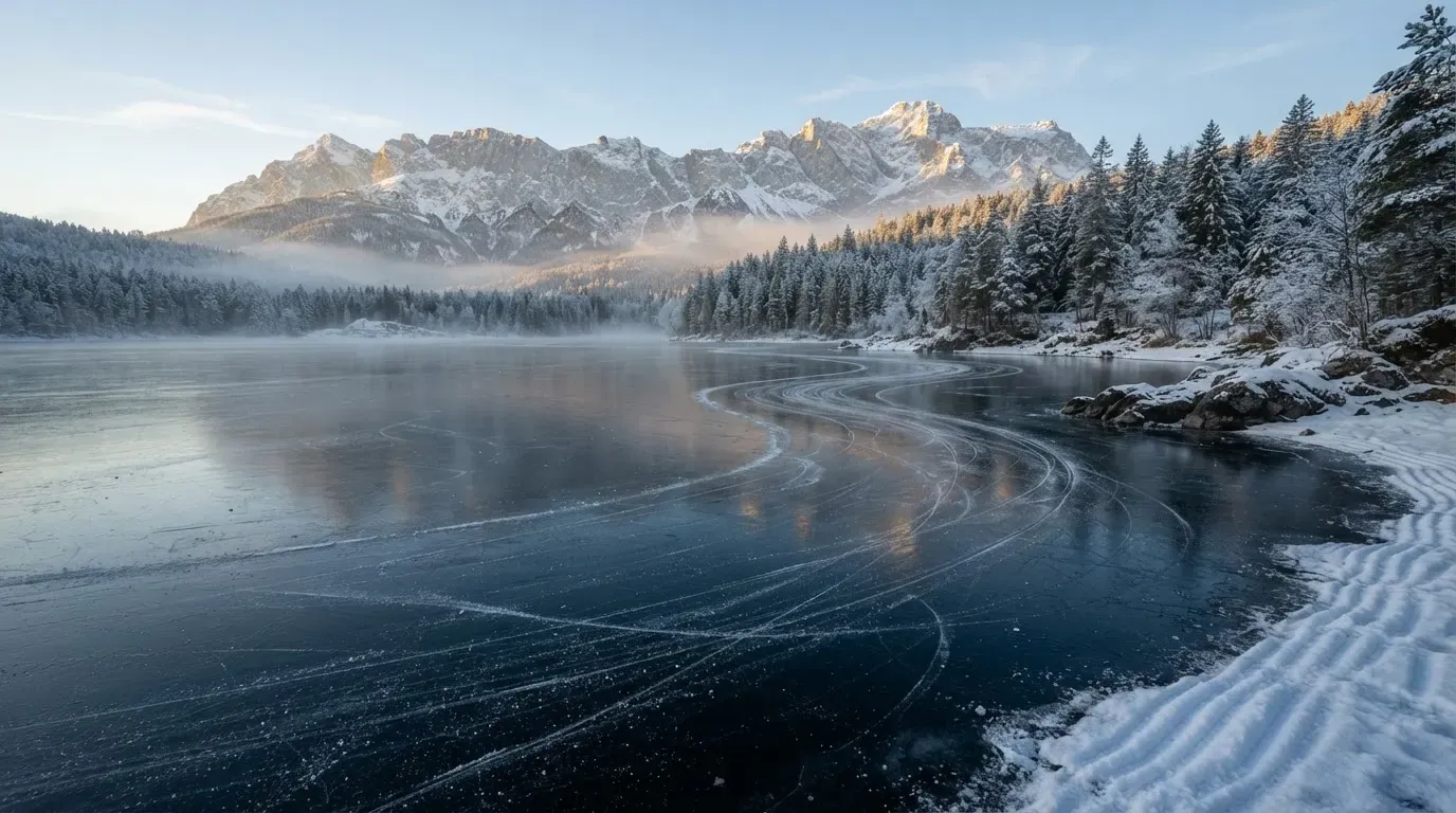 Ein zugefrorener Bergsee mit Spuren von Schlittschuhen am Morgen, dahinter ein verschneiter Wald