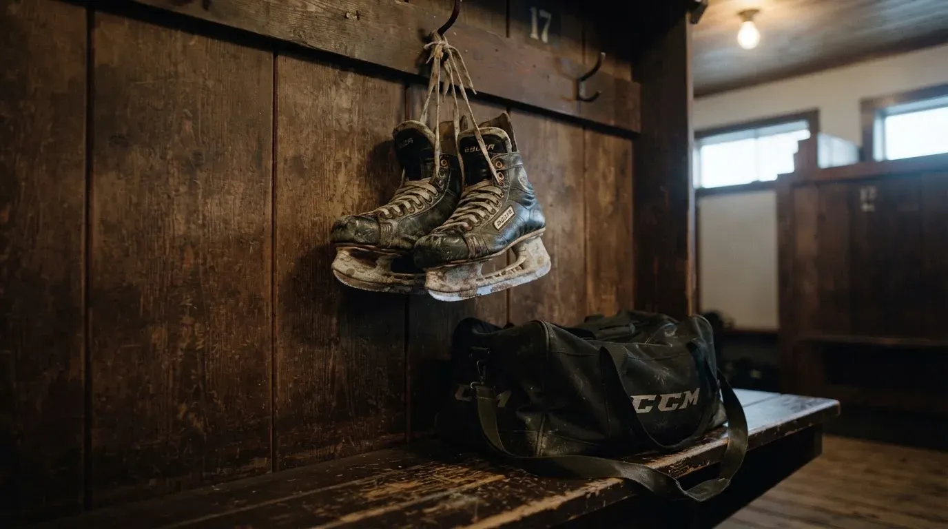 Ein Paar Schlittschuhe hängt an einem Holzhaken in einer Garderobe, daneben eine Sporttasche im gedämpften Licht