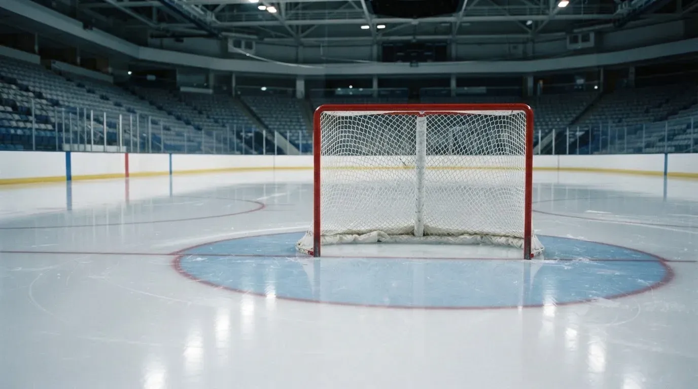 Ein Eishockeytor mit Netz in einer leeren Halle von der Seite gesehen, die Eisoberfläche glänzt