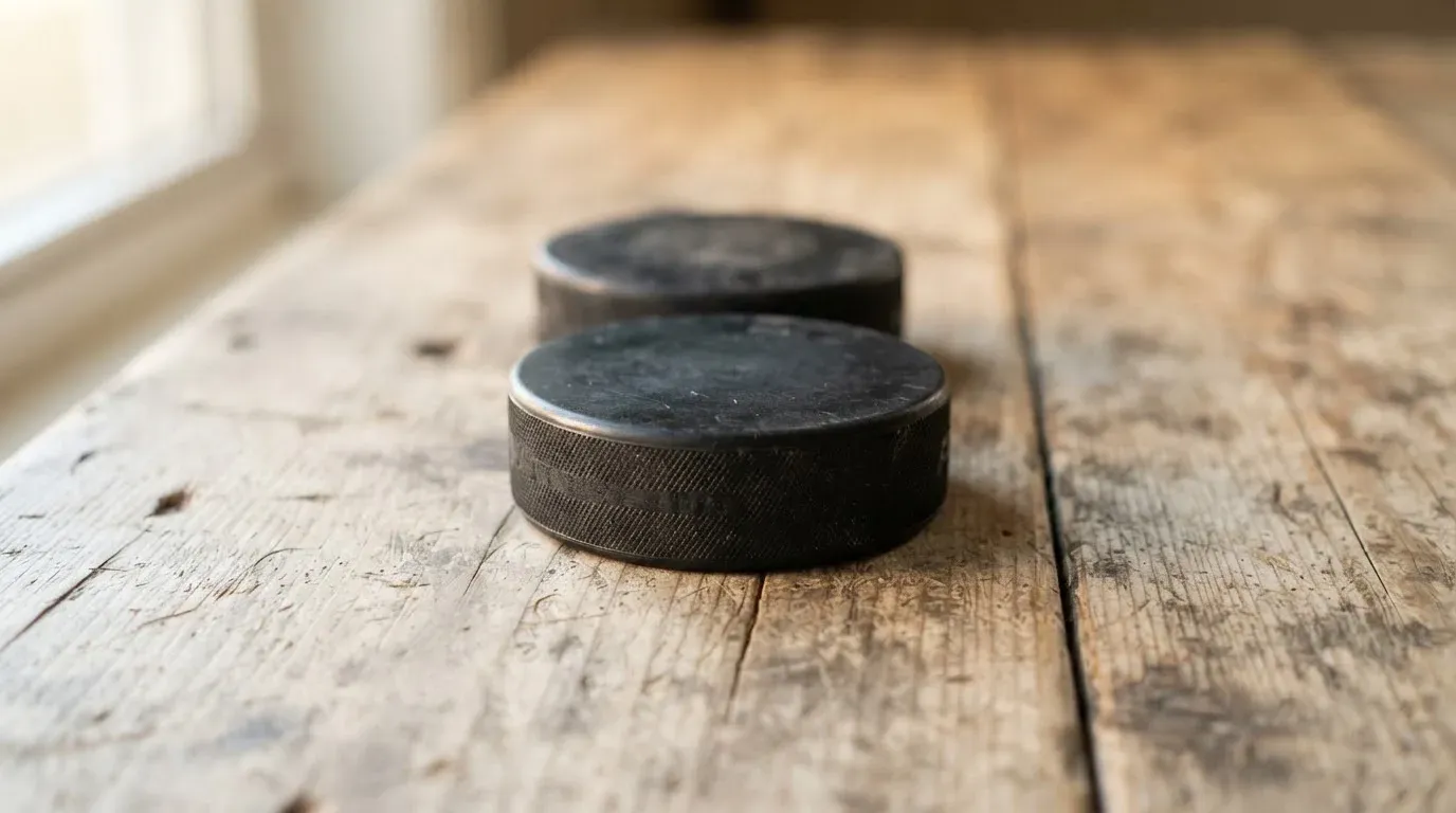 Zwei Eishockeypucks liegen nebeneinander auf einer Holzplatte, einer davon im Schärfebereich, weiches Licht