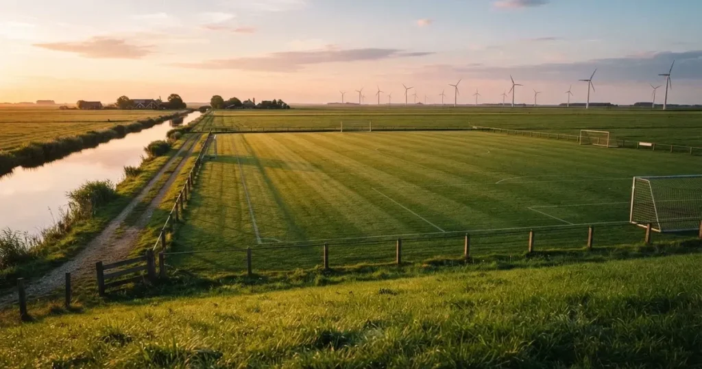 Ein Fussballplatz neben einem Kanal in flachem Land mit Windrädern am Horizont, Abendlicht liegt über dem Rasen