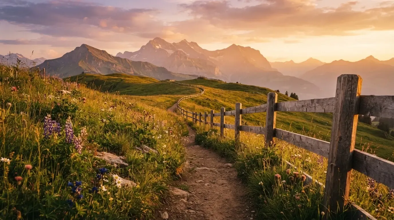 Ein Wanderweg führt durch eine Almwiese im Sonnenuntergang, am Wegrand steht ein Holzzaun