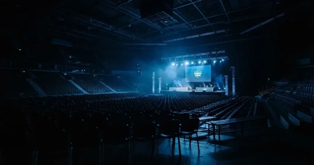 Eine grosse leere Arena mit Bühne und blauem Licht von weitem gesehen, Stuhlreihen liegen im Dunkeln