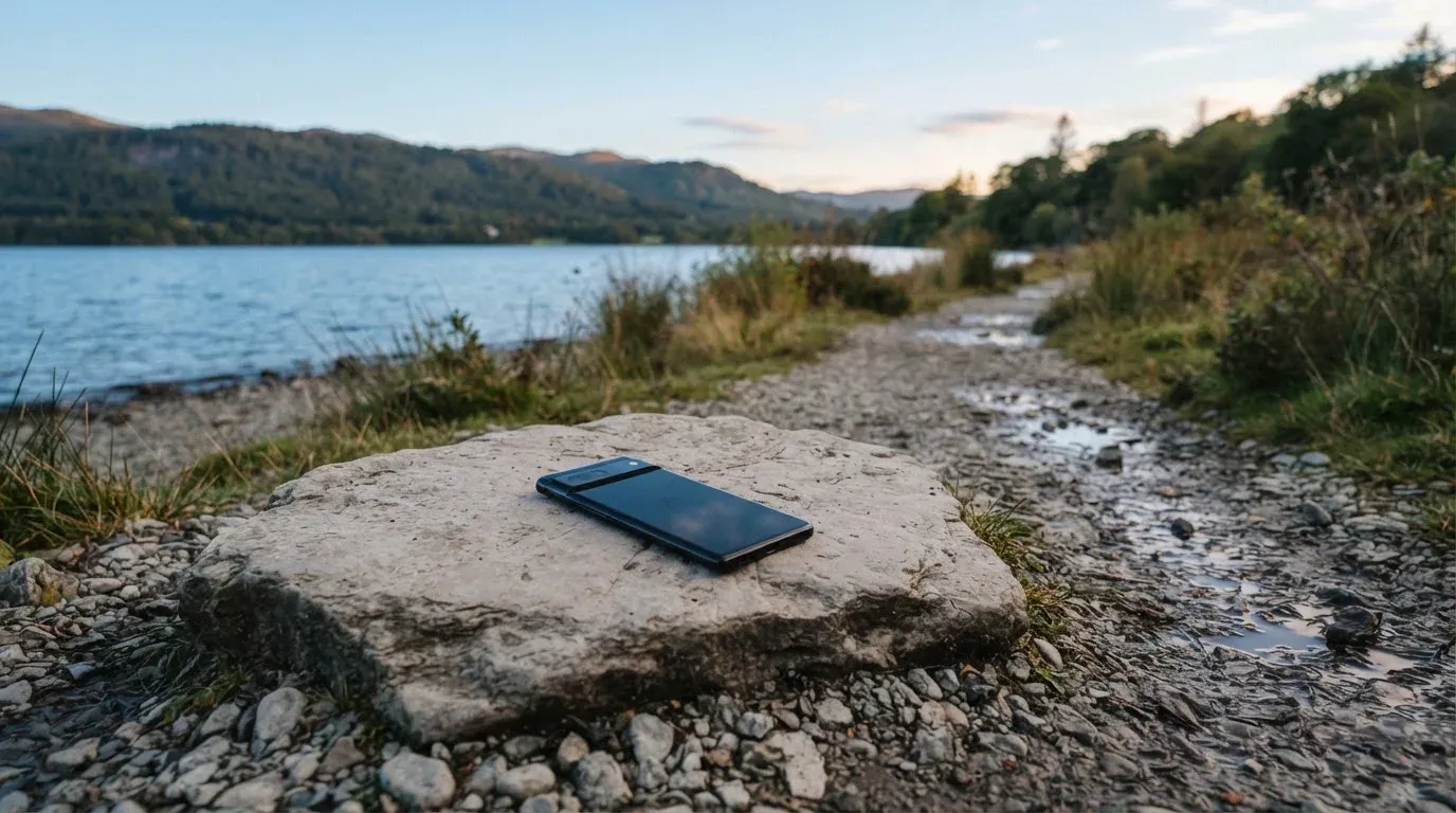 Ein schmaler Wanderweg führt am Seeufer entlang, auf einem Stein liegt ein Smartphone mit dunklem Display