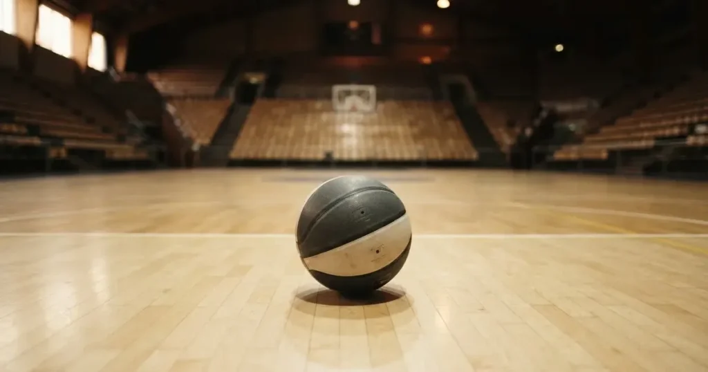 Ein Basketball liegt auf dem hellen Parkett einer leeren Halle, im Hintergrund steigen die Tribünenreihen im Halbdunkel an.