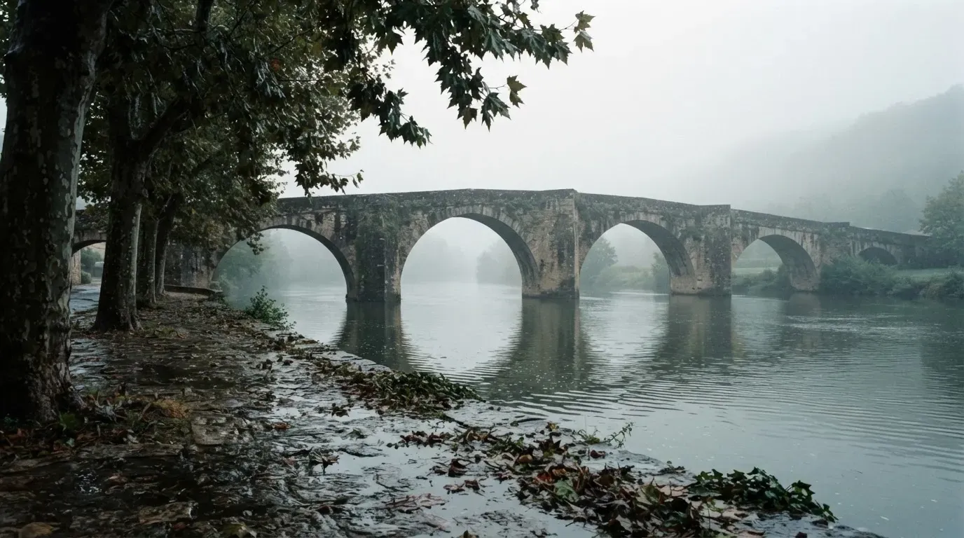 Ein breiter Fluss fliesst unter einer Steinbrücke im Nebel, am Ufer stehen Platanen mit nassen Blättern.