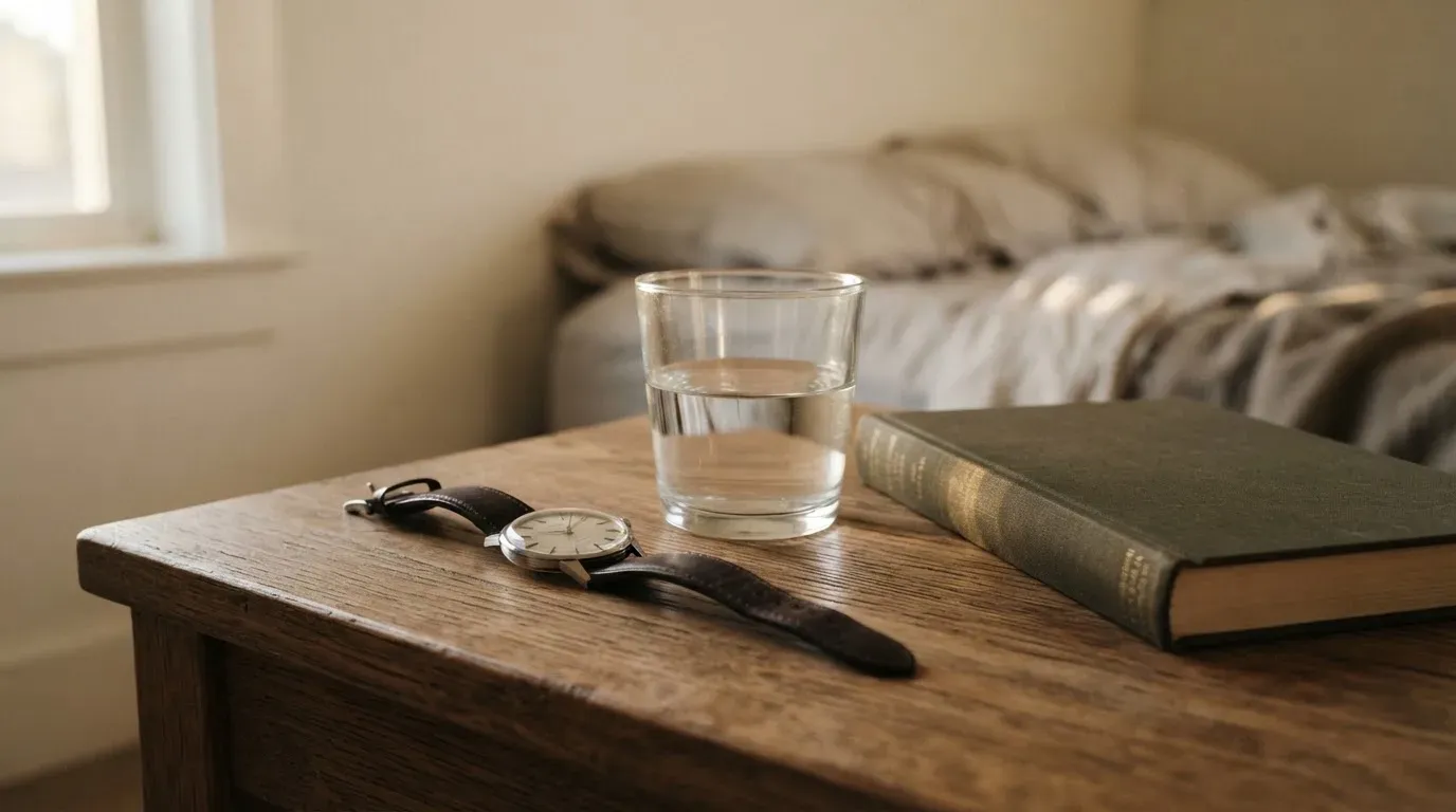 Eine Armbanduhr und ein Wasserglas stehen auf einem Nachttisch im ersten Morgenlicht, daneben ein zugeklapptes Buch.