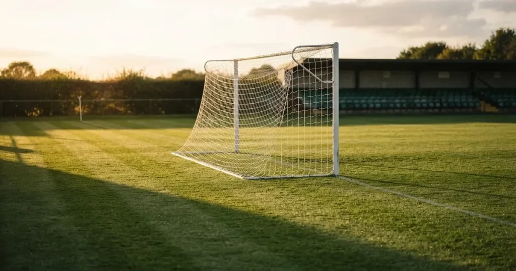 Ein Fussballtor mit weissem Netz steht auf frisch gemähtem Rasen, die hellen und dunklen Streifen im Gras leuchten im Gegenlicht.