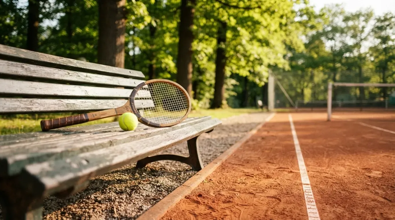 Ein Tennisball und ein Schläger ruhen auf einer Holzbank am Spielfeldrand, im Hintergrund hohe Bäume im Sommerlicht.