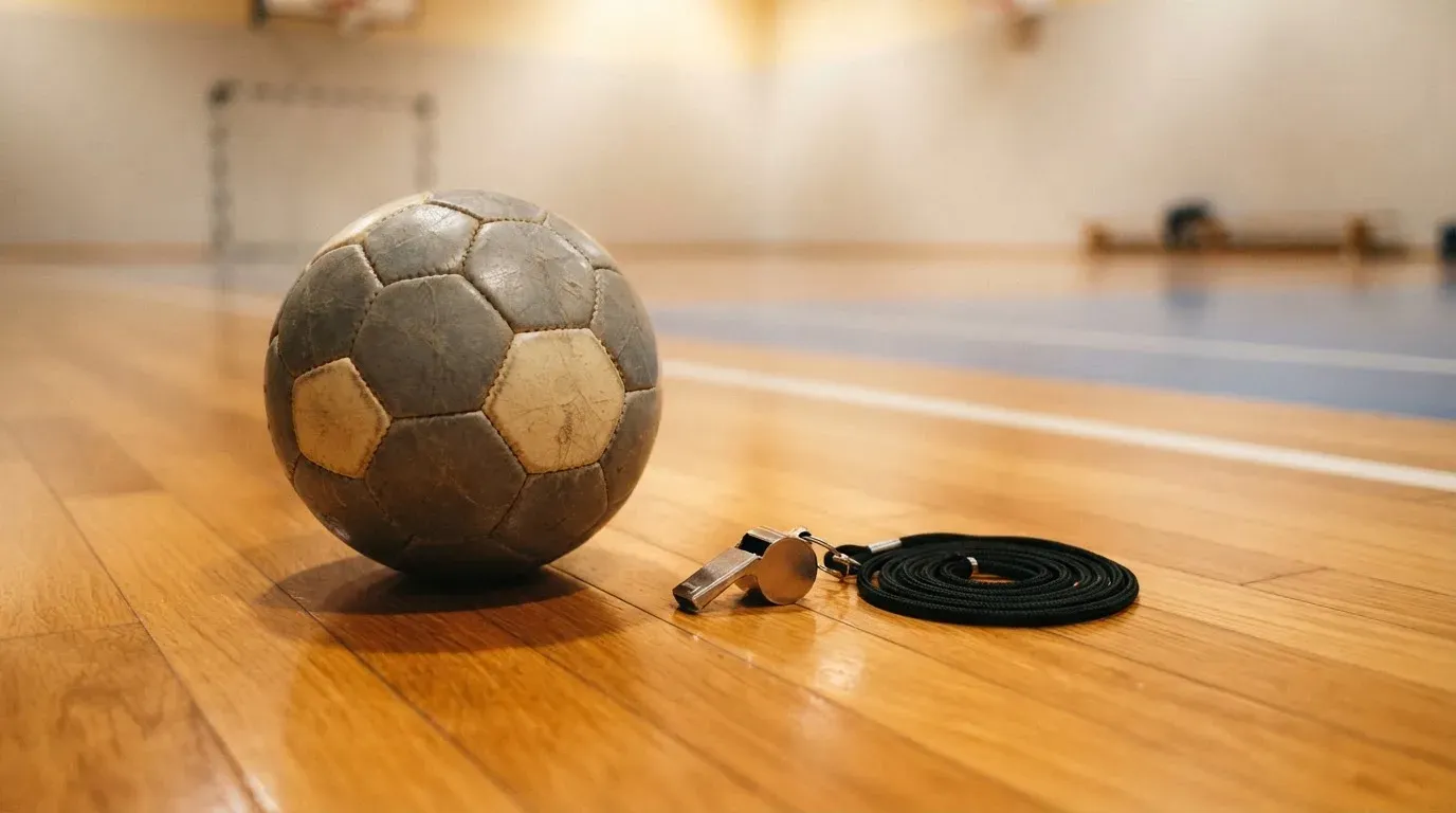 Ein kleiner, schwerer Ball liegt auf glattem Hallenparkett neben einer Trillerpfeife an einer Schnur.