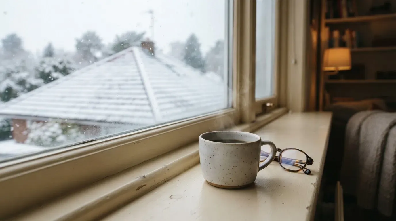 Eine Kaffeetasse und eine Brille stehen auf einem Fensterbrett, draussen fällt Schnee auf ein Dach.