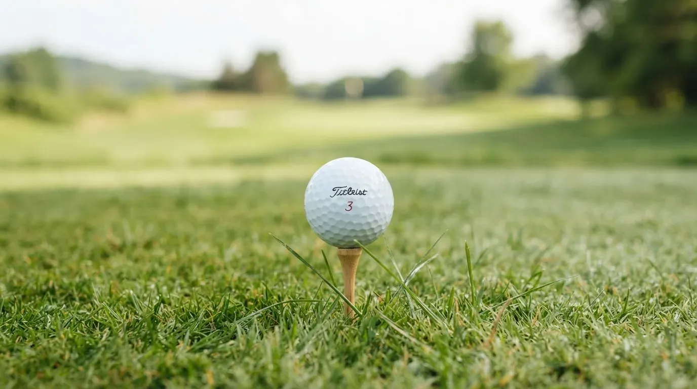 Ein Golfball liegt auf einem Holztee im Gras, scharf im Vordergrund, dahinter verschwimmt eine weite Wiese.