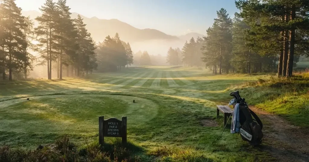 Ein weites Fairway zieht sich im Dunst des frühen Morgens zwischen Föhren hin, Tau liegt auf dem kurzen Gras.