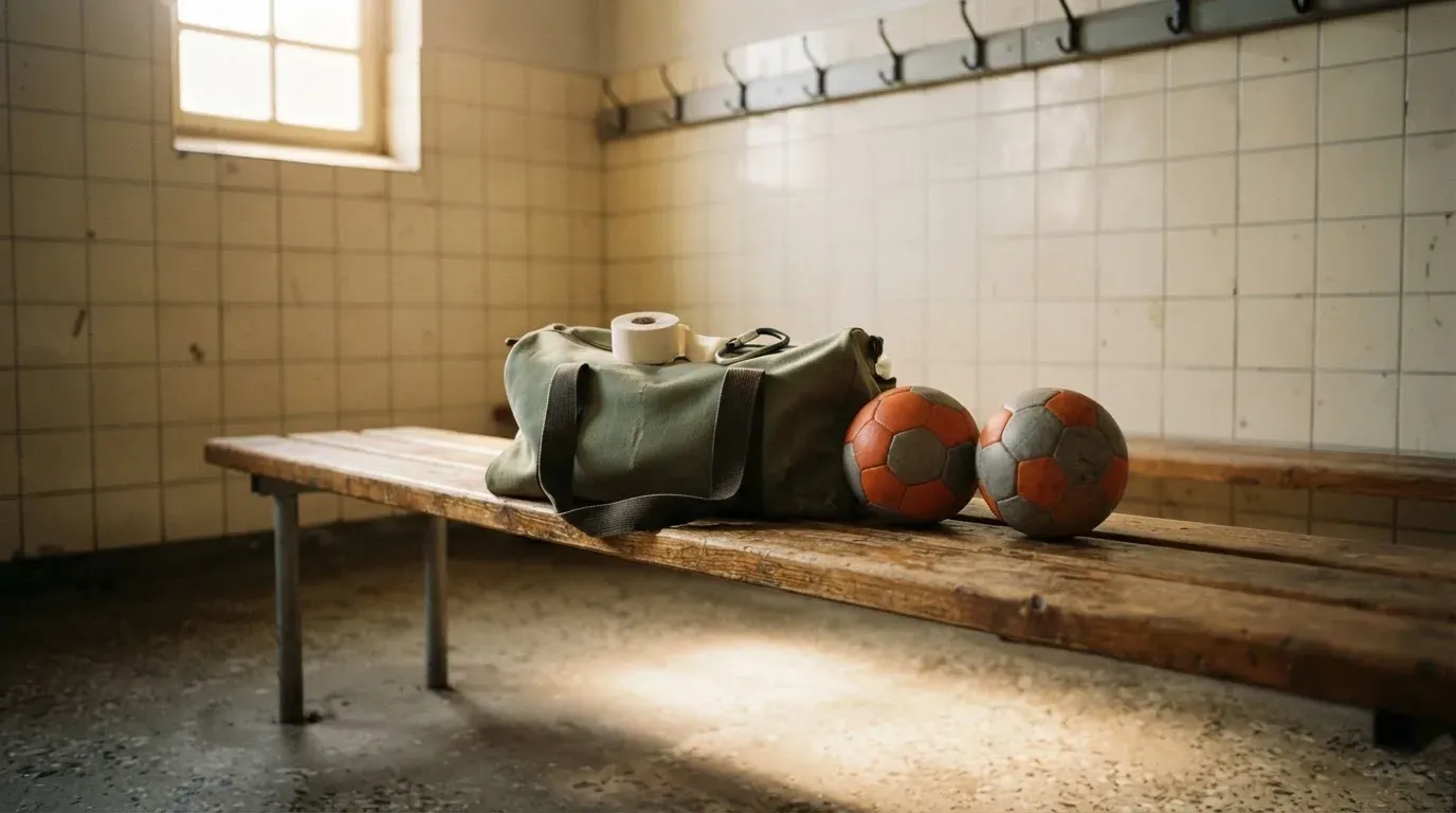 Eine Stofftasche mit Klebeband und zwei Handbällen steht auf einer Bank in einer Umkleide, Licht fällt durch ein kleines Fenster.