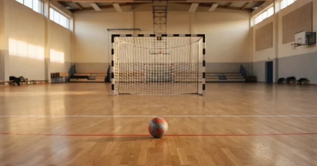 Ein Tor mit dicht gespanntem Netz steht in einer grossen Halle, davor liegt ein Handball auf der Torraumlinie.