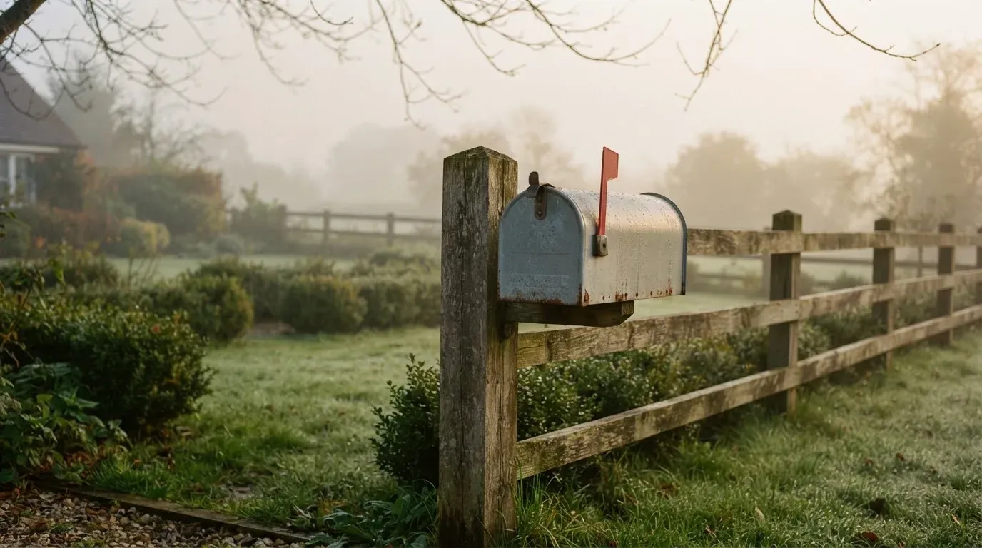 Ein Briefkasten aus Metall hängt an einem Holzzaun, dahinter liegt ein Garten im Morgennebel.