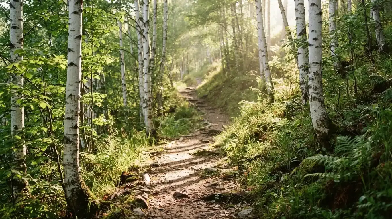 Ein Wanderweg führt zwischen hellen Birken bergauf, Sonnenstrahlen fallen durch das Laub auf den Boden.