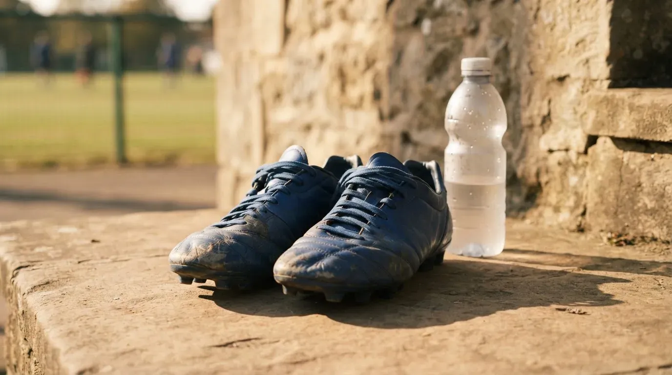 Ein Paar abgetragene Fussballschuhe steht neben einer Wasserflasche auf einer Treppenstufe im Sonnenlicht.