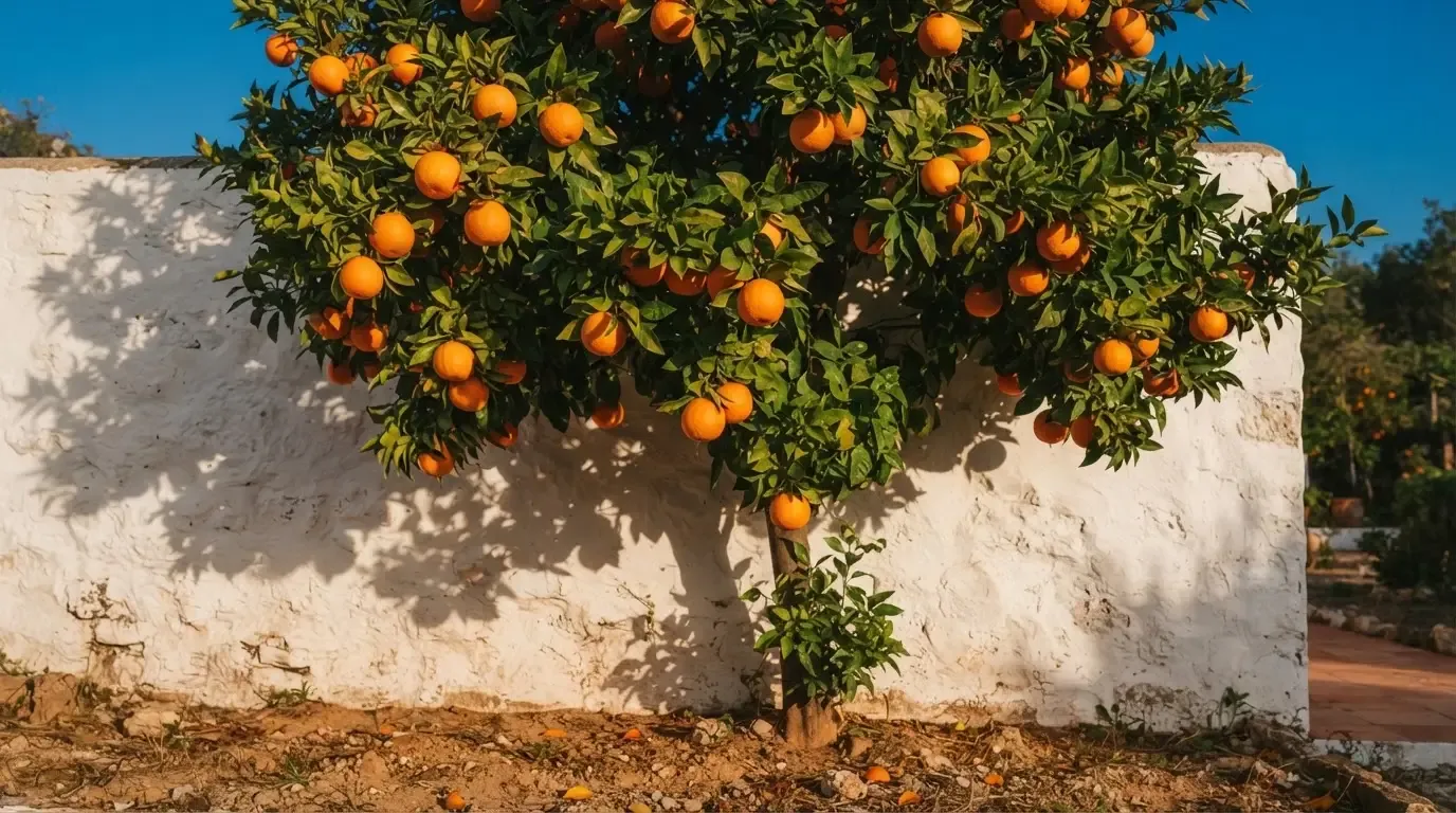 Ein Orangenbaum mit reifen Früchten wächst an einer weissen Mauer unter blauem Himmel.