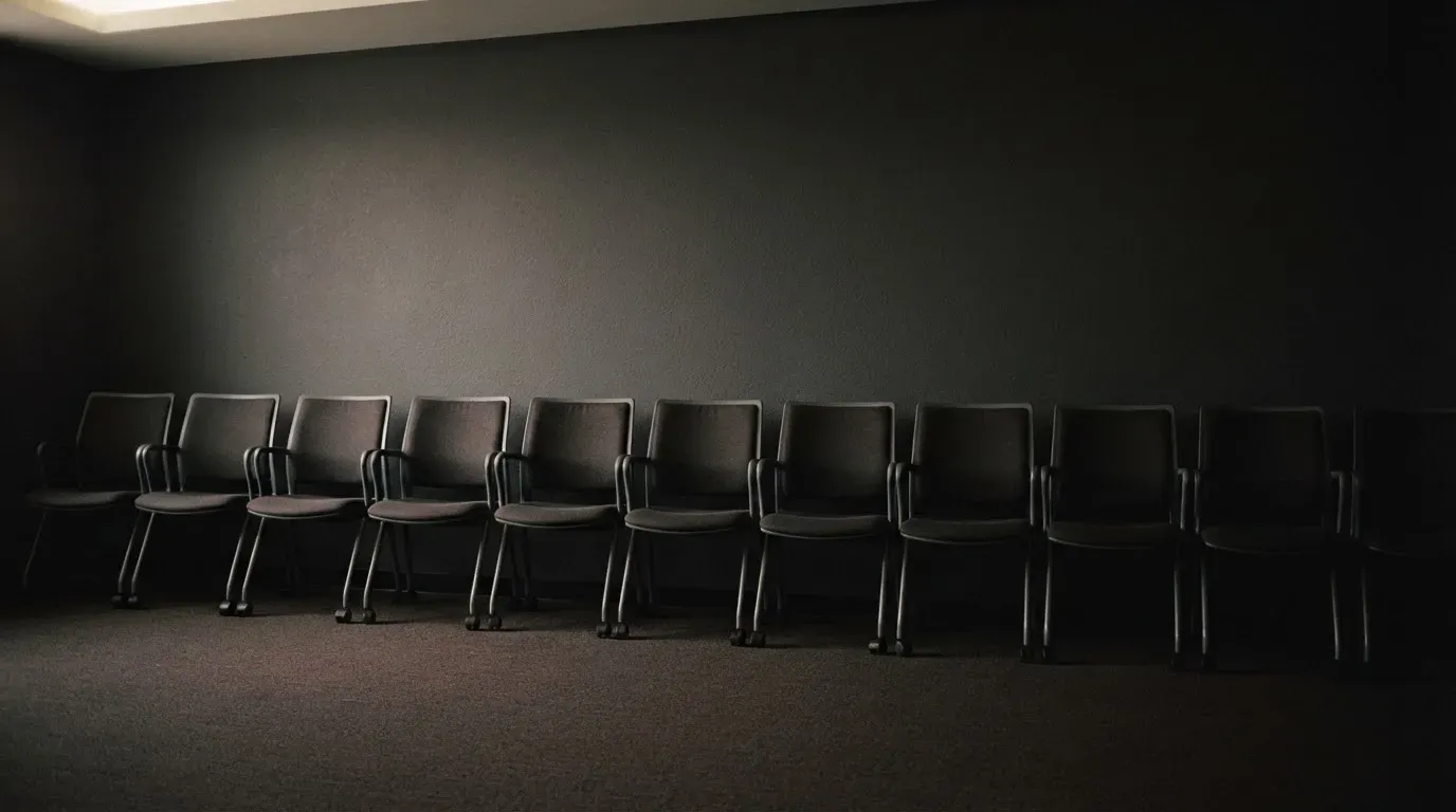 Eine Reihe leerer Bürostühle steht vor einer dunklen Wand in einem Raum mit gedämpftem Licht.