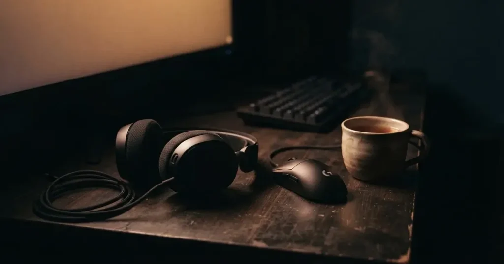 Ein Headset und eine Computermaus liegen auf einem dunklen Schreibtisch, daneben ein Becher mit dampfendem Tee.
