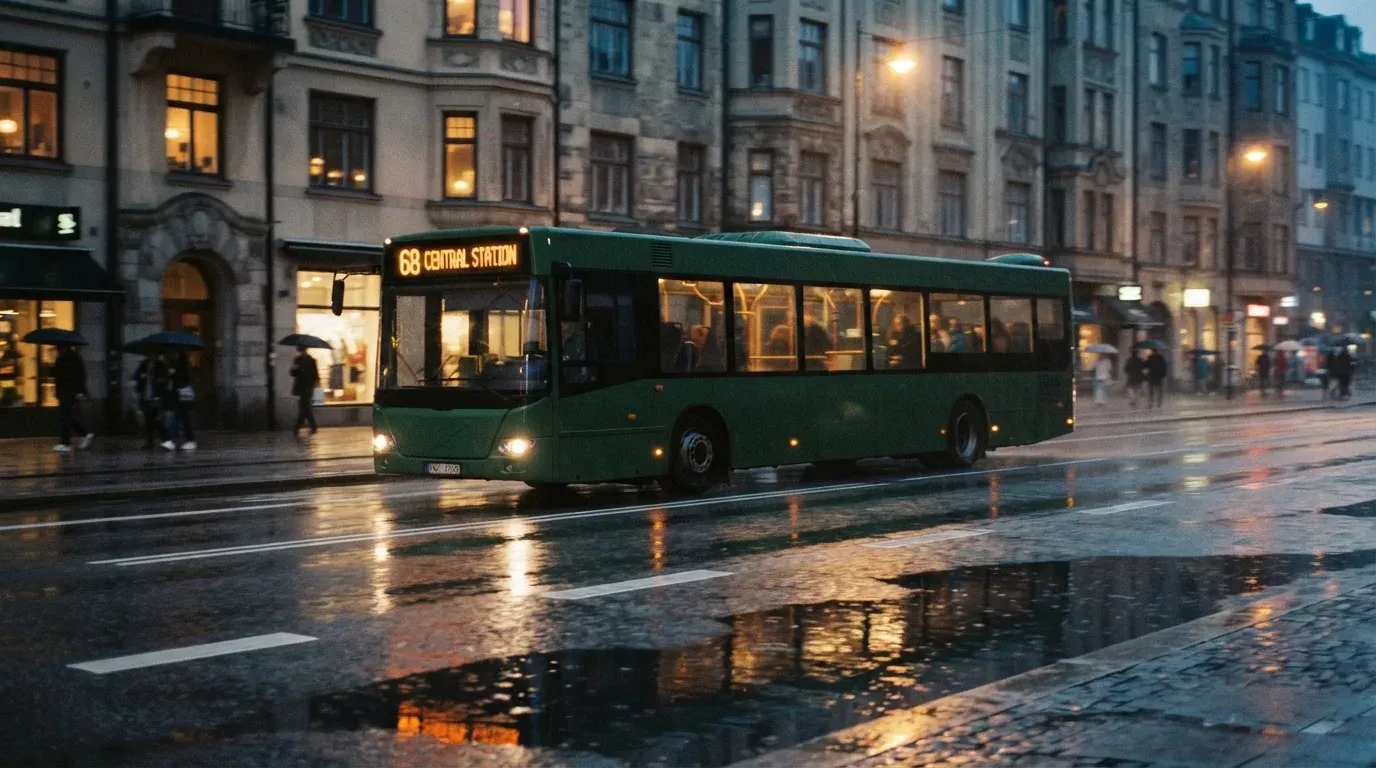Ein Stadtbus fährt an einem regnerischen Abend durch eine Strasse mit Pfützen, die Lichter spiegeln sich im Asphalt.