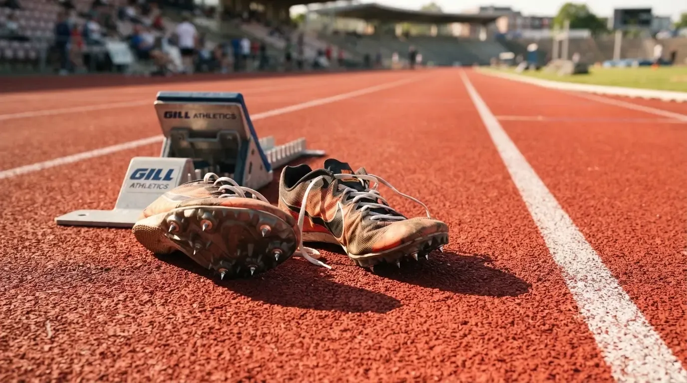Ein Paar Laufschuhe mit Spikes liegt auf einer Tartanbahn neben einem Startblock, die Linien verlaufen in die Ferne.