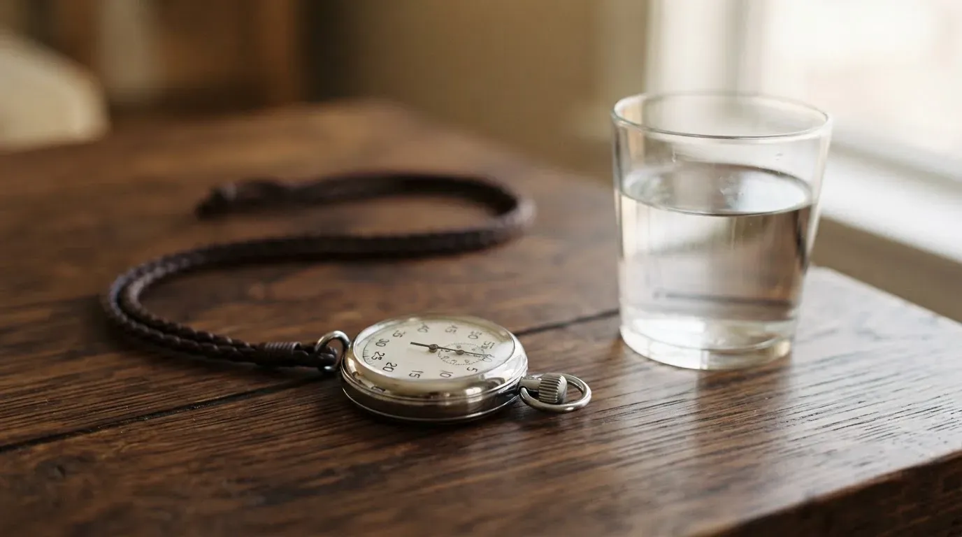 Eine Stoppuhr an einer Schnur liegt auf einem Holztisch neben einem Wasserglas, das Licht ist ruhig.