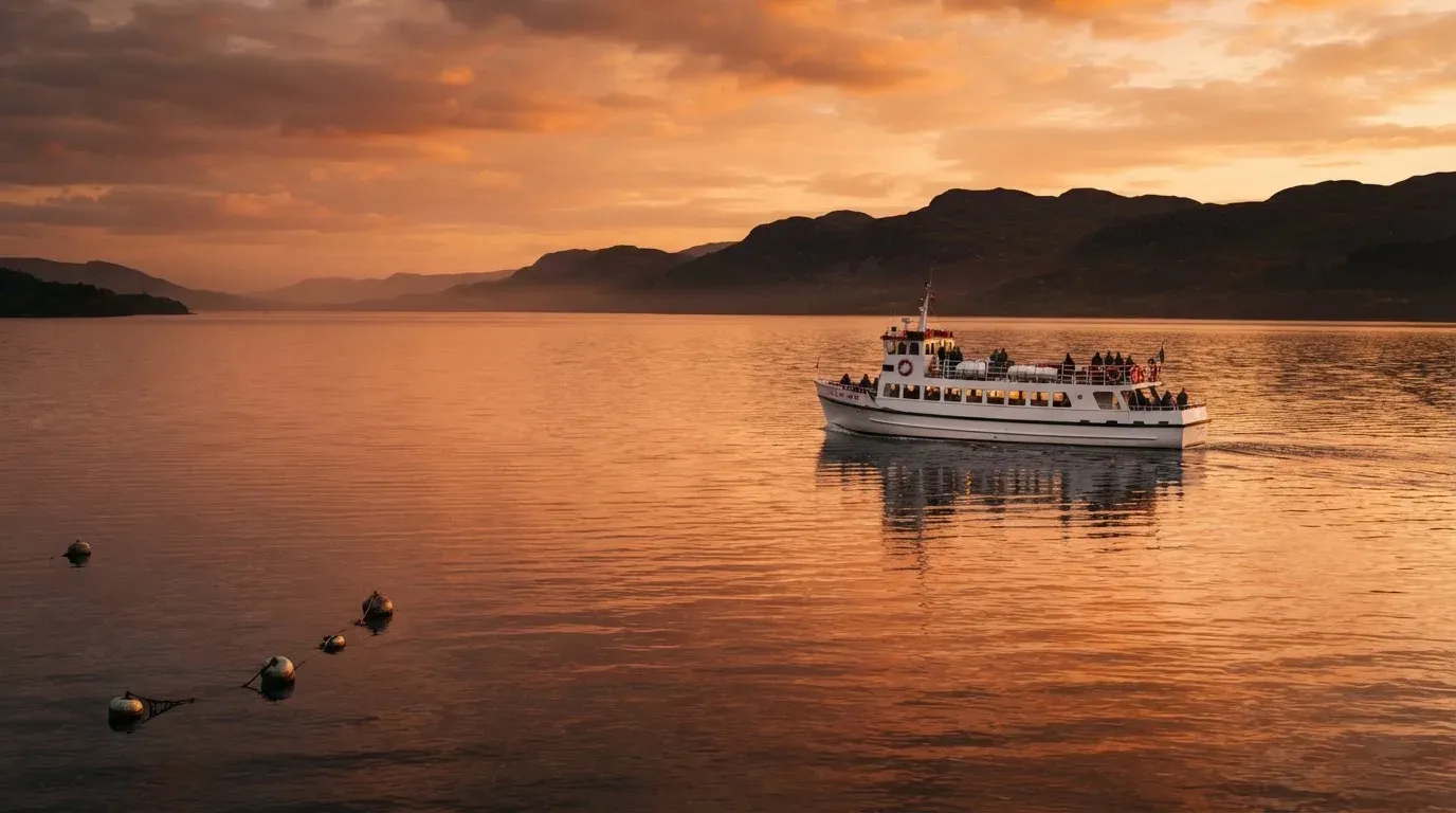 Eine Fähre gleitet bei Sonnenuntergang über einen ruhigen See, das Wasser glänzt in Orange.