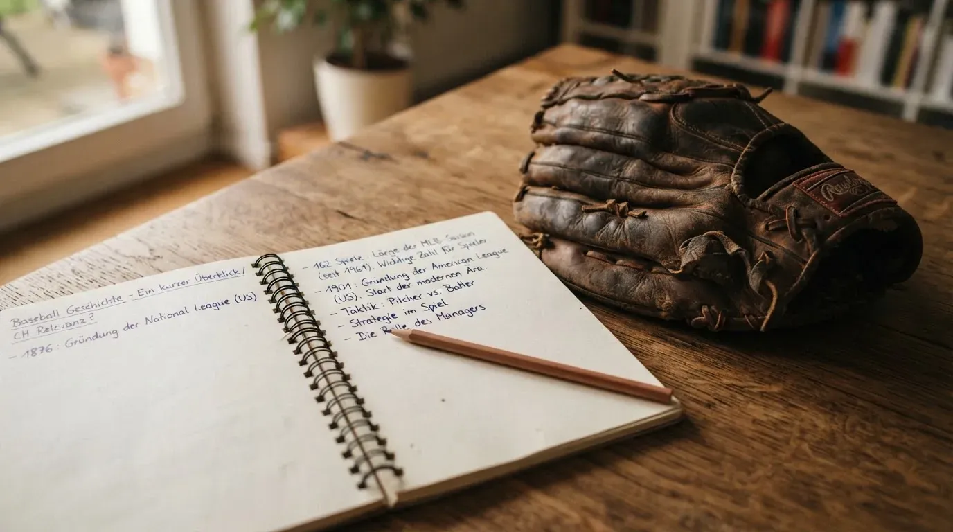 Ein aufgeschlagenes Notizbuch mit handgeschriebenen Notizen und ein Bleistift liegen auf einem Holztisch neben einem abgegriffenen Baseballhandschuh.