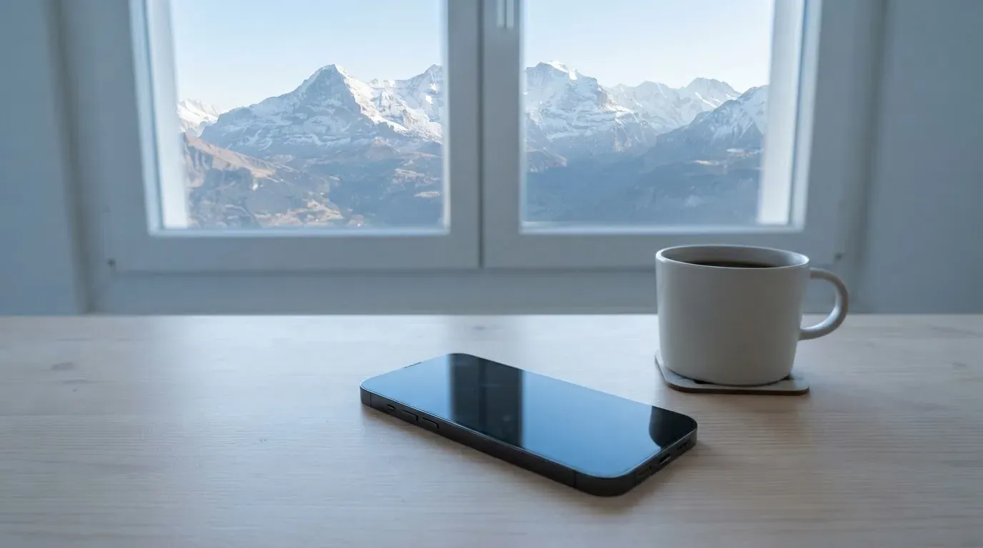 Ein Smartphone mit dunklem Bildschirm liegt auf einem hellen Schreibtisch neben einer Tasse, durch das Fenster dahinter sieht man eine Bergkette.