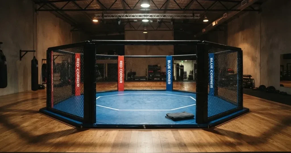 Ein achteckiger Käfig mit Maschenzaun steht in einer leeren Halle unter hellem Deckenlicht, auf der blauen Matte liegt ein zusammengefaltetes Handtuch.