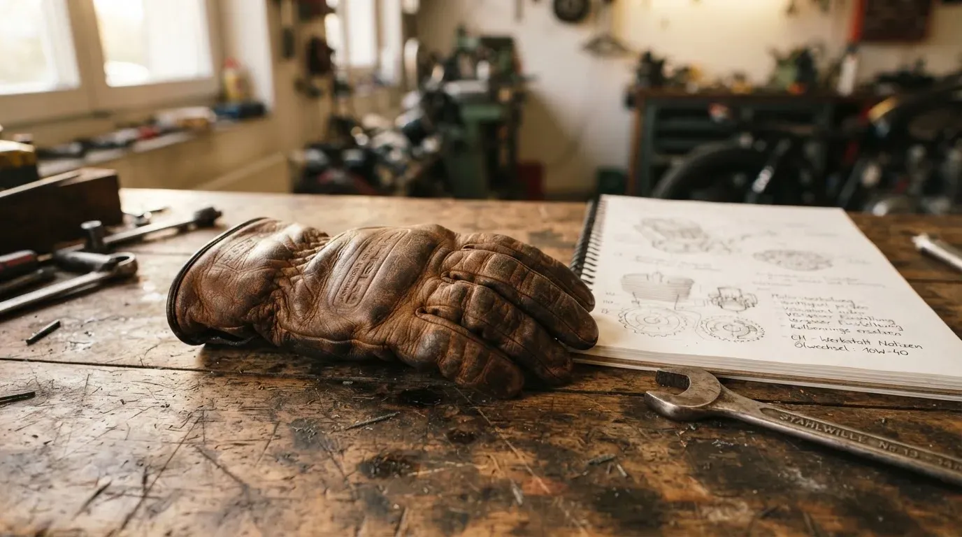 Ein Motorradhandschuh aus Leder liegt auf einer Werkbank neben einem Block mit handgezeichneten Skizzen und einem Schraubenschlüssel.