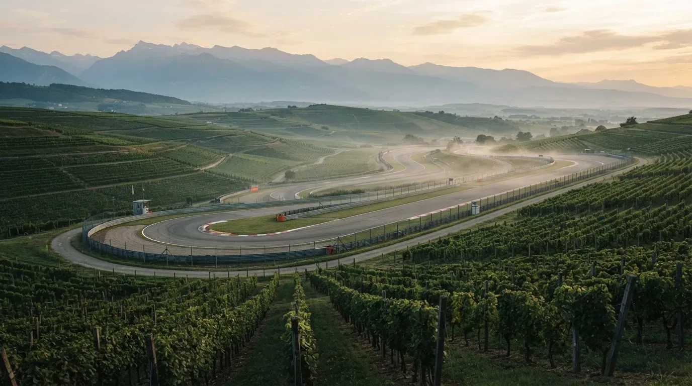 Eine Rennstrecke aus der Ferne zwischen Weinbergen und einer Bergkette, Dunst liegt am frühen Morgen über dem Asphalt.