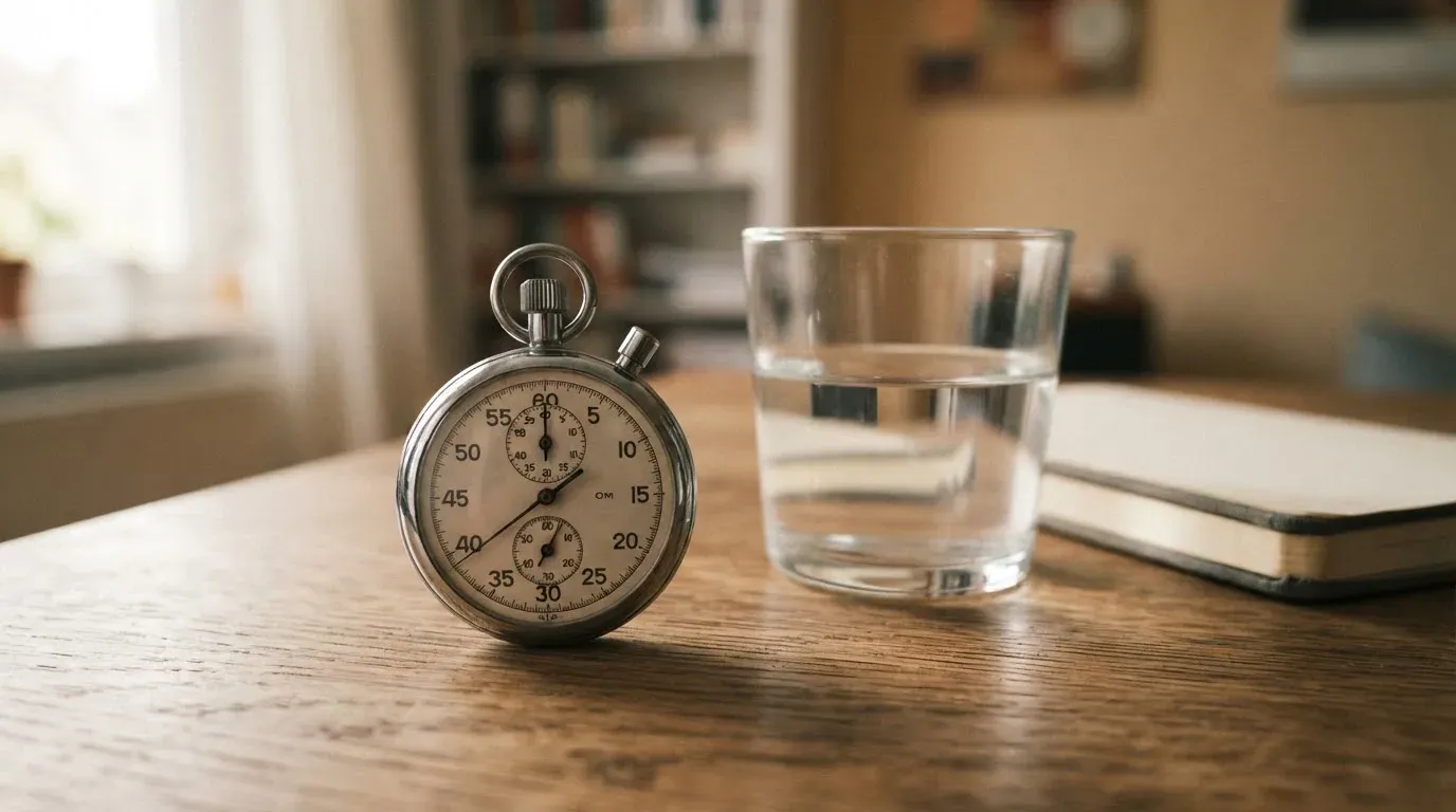 Eine Stoppuhr aus Metall liegt auf einem Holztisch neben einem Glas Wasser, das Licht fällt von der Seite durch ein Fenster.