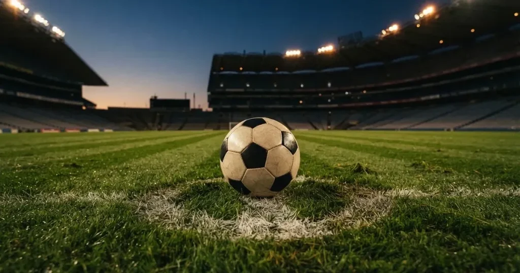Ein Fussball liegt auf dem Mittelpunkt eines leeren Rasens, im Hintergrund steigen steile Tribünen in der Dämmerung auf.