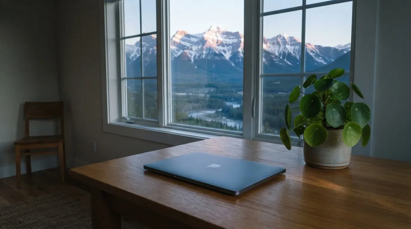 Ein Schreibtisch mit einem geschlossenen Laptop und einer Zimmerpflanze vor einem Fenster mit Blick auf eine Bergkette im Morgenlicht.