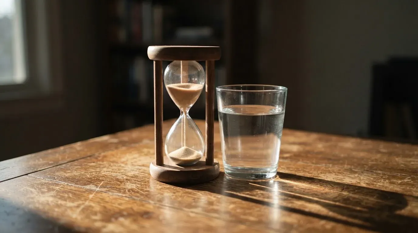 Eine Sanduhr steht auf einem Holztisch neben einem Glas Wasser, schräges Morgenlicht wirft einen langen Schatten über die Tischplatte.