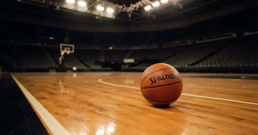 Ein orangefarbener Basketball liegt auf dem Parkett einer leeren Halle unter hellem Flutlicht, die Tribünen sind dunkel.